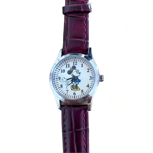 Disney Jewelry - Disney Parks Women’s Classic Minnie Mouse Burgundy Leather Strap Slim Watch